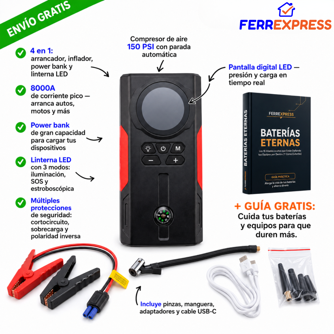 Arrancador 4 en 1: Batería, Aire, Luz y Power Bank en tu Baúl