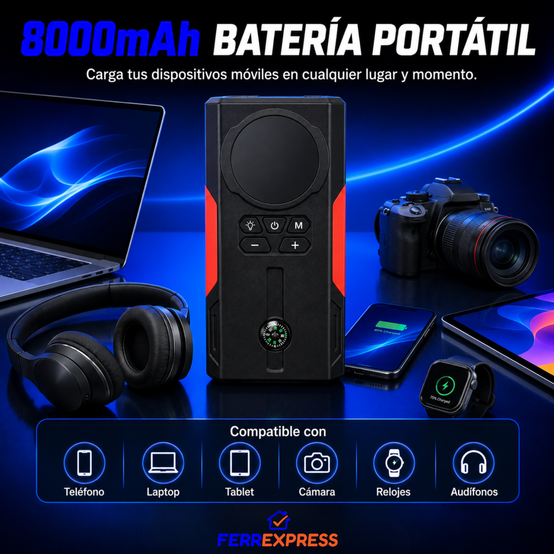 Arrancador 4 en 1: Batería, Aire, Luz y Power Bank en tu Baúl