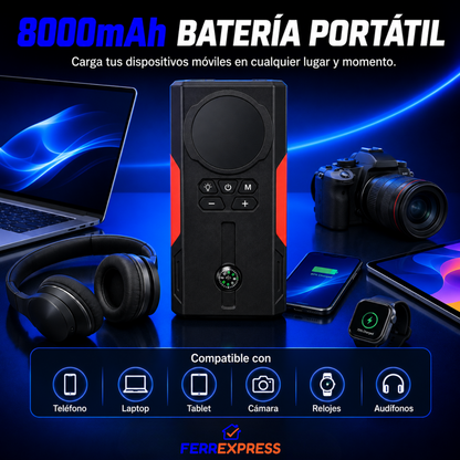 Arrancador 4 en 1: Batería, Aire, Luz y Power Bank en tu Baúl