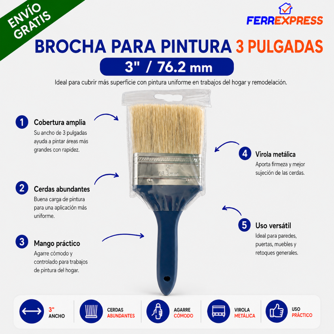 Brocha para Pintura de 3 Pulgadas – Cobertura Rápida para Paredes y Superficies