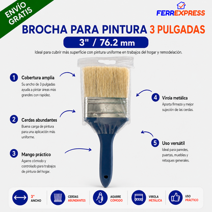 Brocha para Pintura de 3 Pulgadas – Cobertura Rápida para Paredes y Superficies