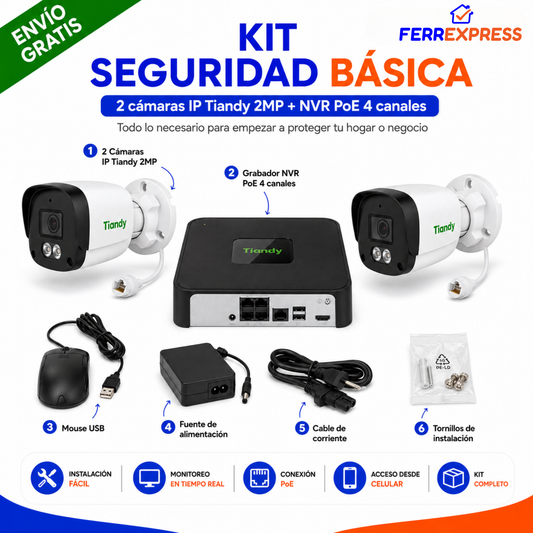 Kit de Seguridad Básica: 2 Cámaras 2MP + Grabador NVR PoE — Vigila tu Casa desde el Celular