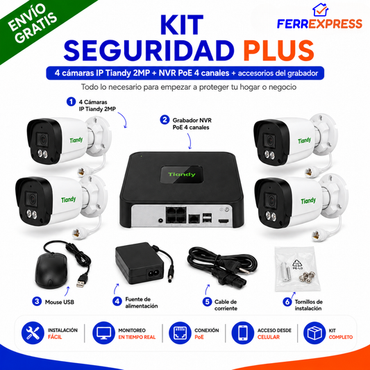 Kit Seguridad Plus: 4 Cámaras de Seguridad (2MP) + Grabador NVR PoE — Cubre Toda tu Casa o Local