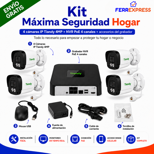 Kit Máxima Seguridad Hogar: 4 Cámaras 4MP Alta Definición + Grabador — Ideal Negocios y Hogar