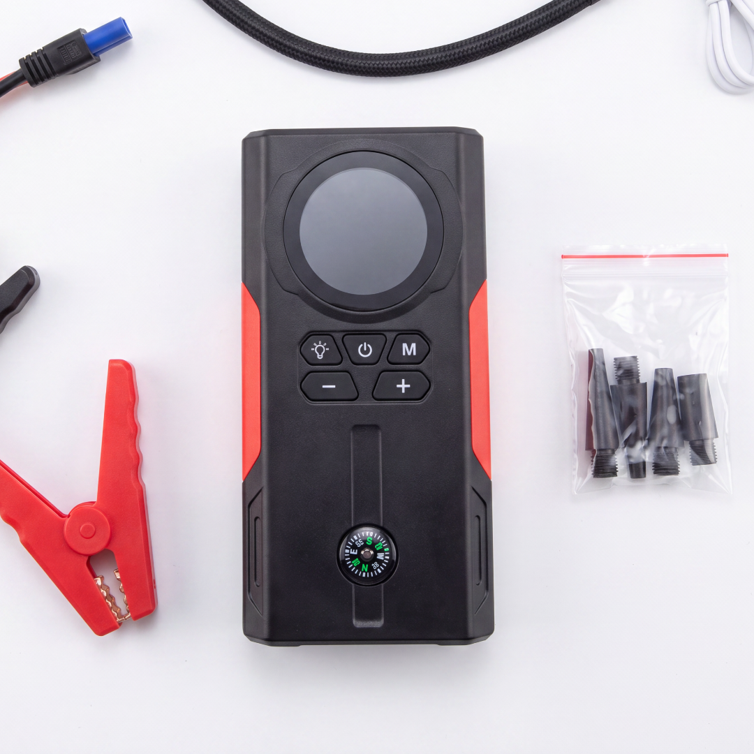 Arrancador 4 en 1: Batería, Aire, Luz y Power Bank en tu Baúl