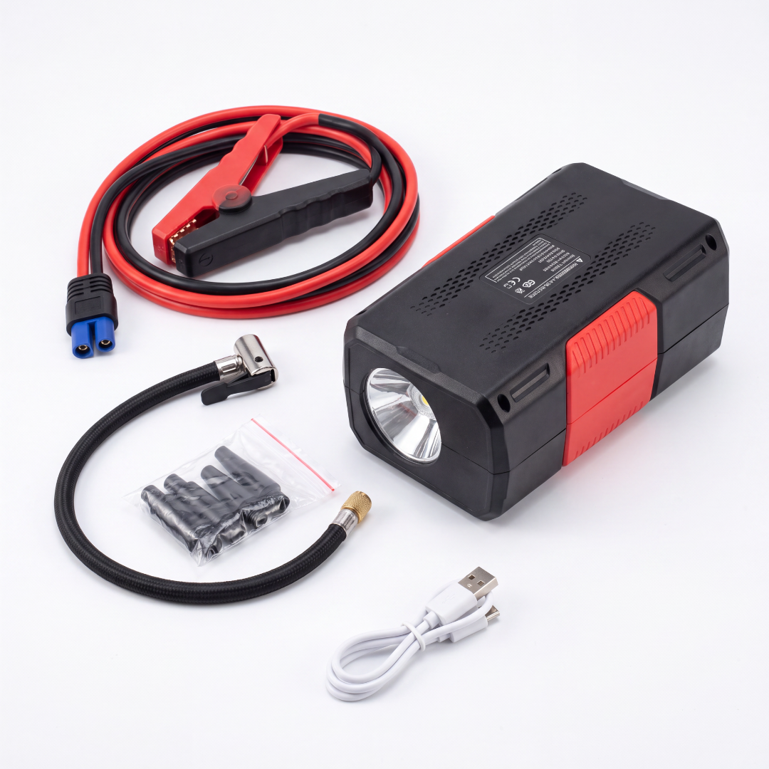 Arrancador 4 en 1: Batería, Aire, Luz y Power Bank en tu Baúl