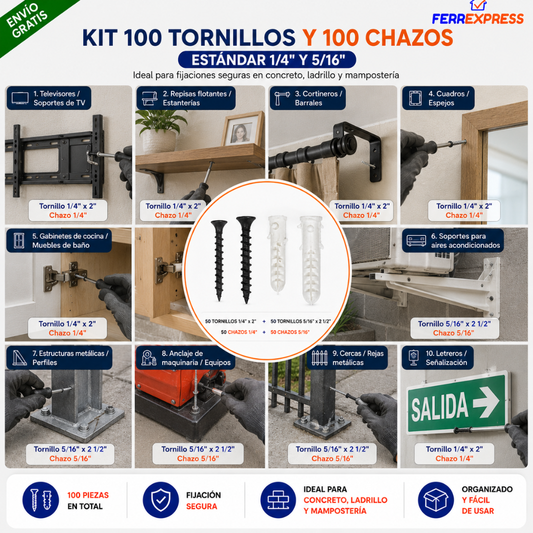 Kit 100 Tornillos y 100 Chazos Estándar 1/4" y 5/16"