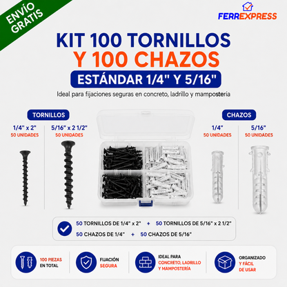 Kit 100 Tornillos y 100 Chazos Estándar 1/4" y 5/16"