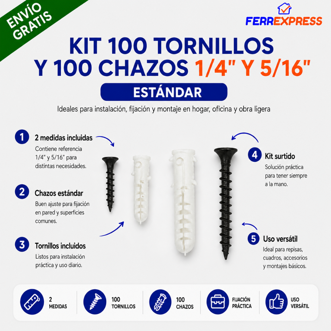 Kit 100 Tornillos y 100 Chazos Estándar 1/4" y 5/16"