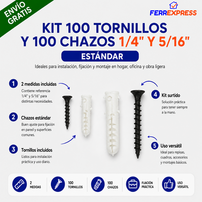 Kit 100 Tornillos y 100 Chazos Estándar 1/4" y 5/16"