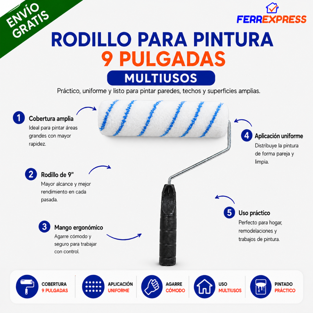 Rodillo para Pintura 9 Pulgadas – Alta Cobertura para Paredes y Techos